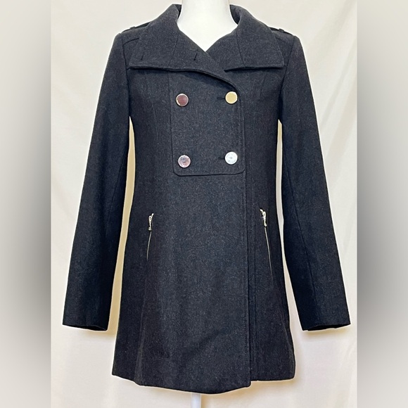Guess Los Angeles Double Breasted Wool Blend Pea Coat Dark Charcoal Gray Size XS - Picture 1 of 16
